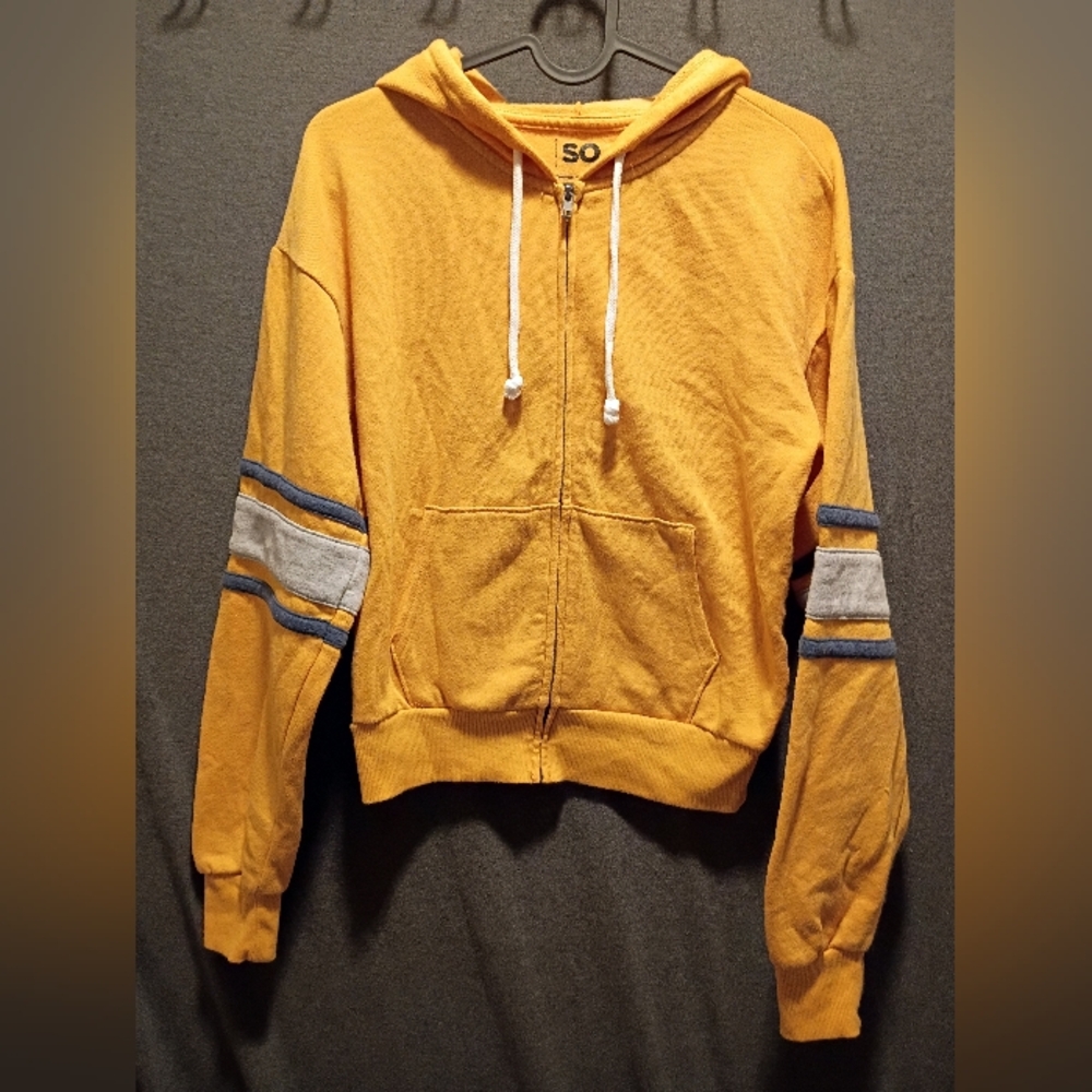 SO Mustard Hoodie with Blue and Gray Stripes